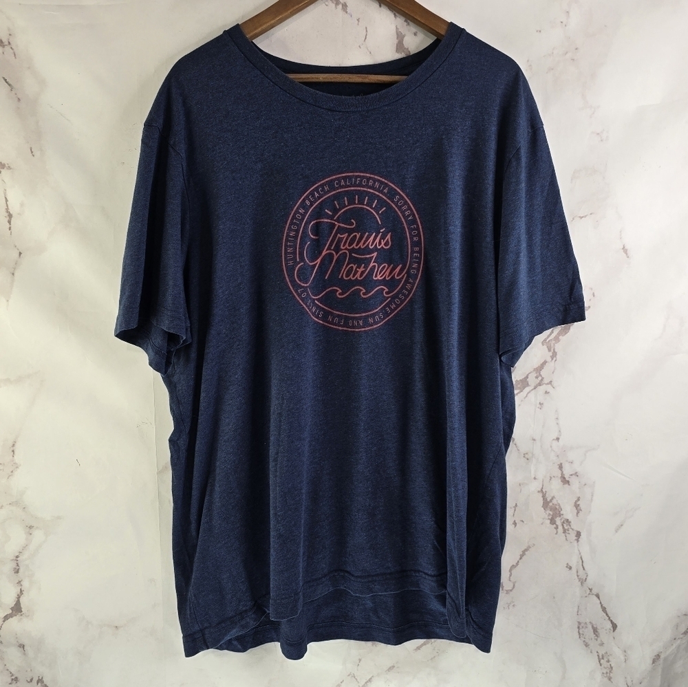 Travis Mathew T Shirt Mens XXL Blue Short Sleeve Crew Neck Spellout Graphic Pima